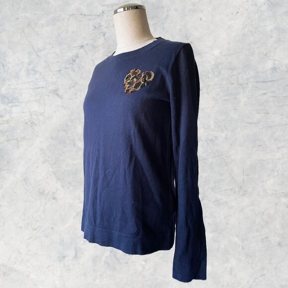 J Crew Teddie Navy Sweater Sequined Heart Crew Neck Long Sleeve Cotton-Women's S - Picture 2 of 8